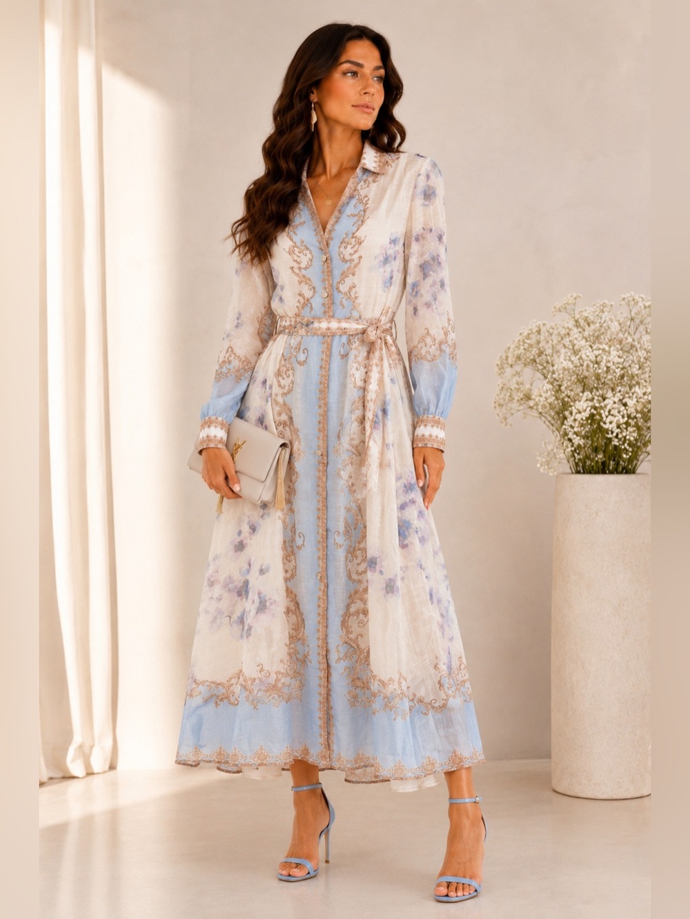 649. Celeste Baroque Print Belted Midi Dress